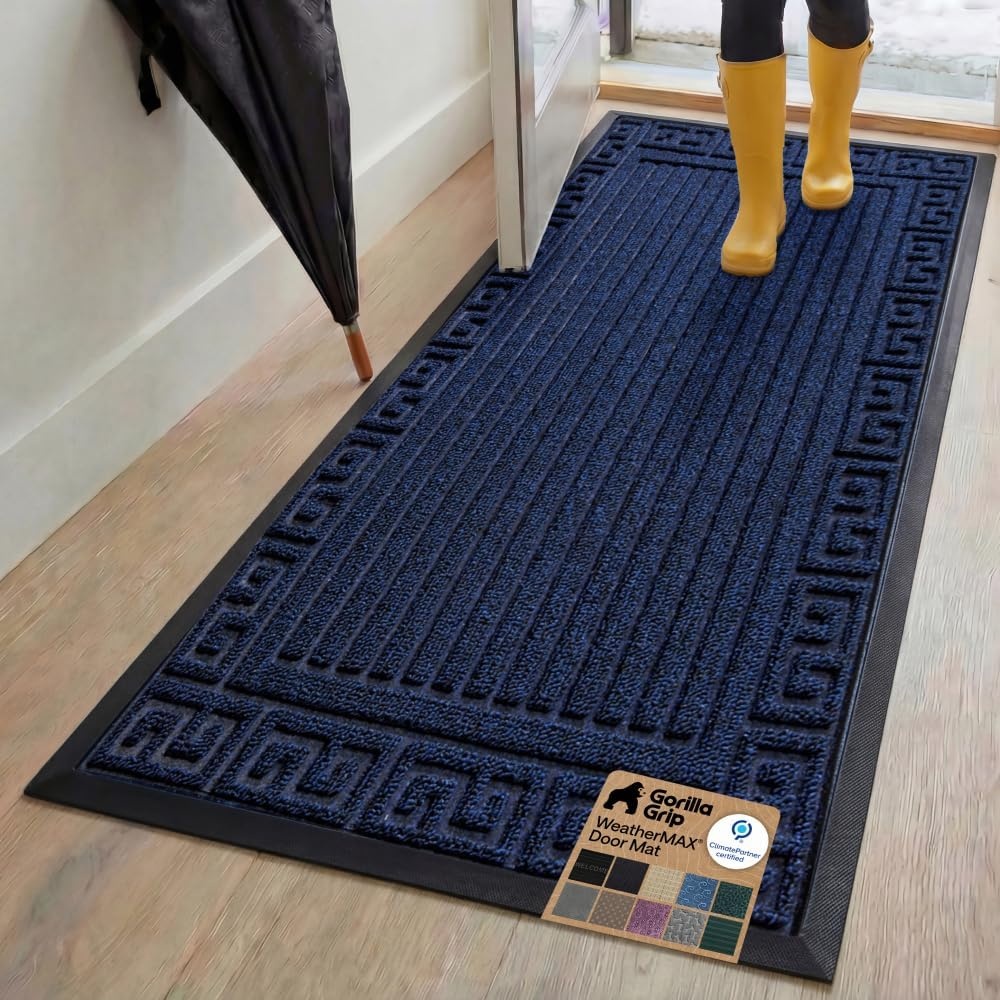 image:imageGORILLA GRIP 100 Waterproof AllSeason WeatherMAX Doormat US Designed Natural Rubber Stain Fade Resistant Low Profile Indoor Outdoor Door Mats Easy Clean 29x17 Gray DiamondNavy Greek Keys