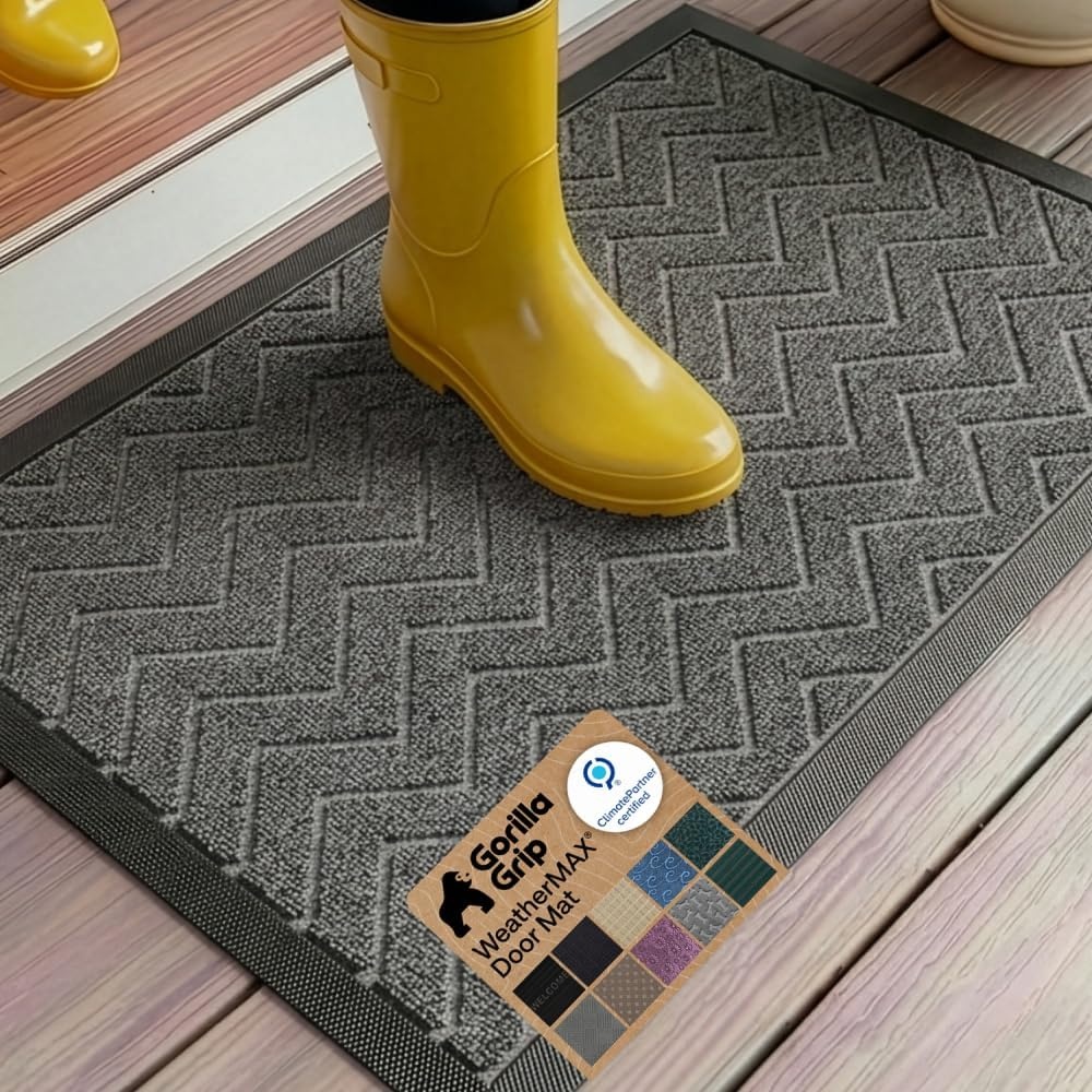 image:imageGORILLA GRIP 100 Waterproof AllSeason WeatherMAX Doormat US Designed Natural Rubber Stain Fade Resistant Low Profile Indoor Outdoor Door Mats Easy Clean 29x17 Gray DiamondSteel Chevron