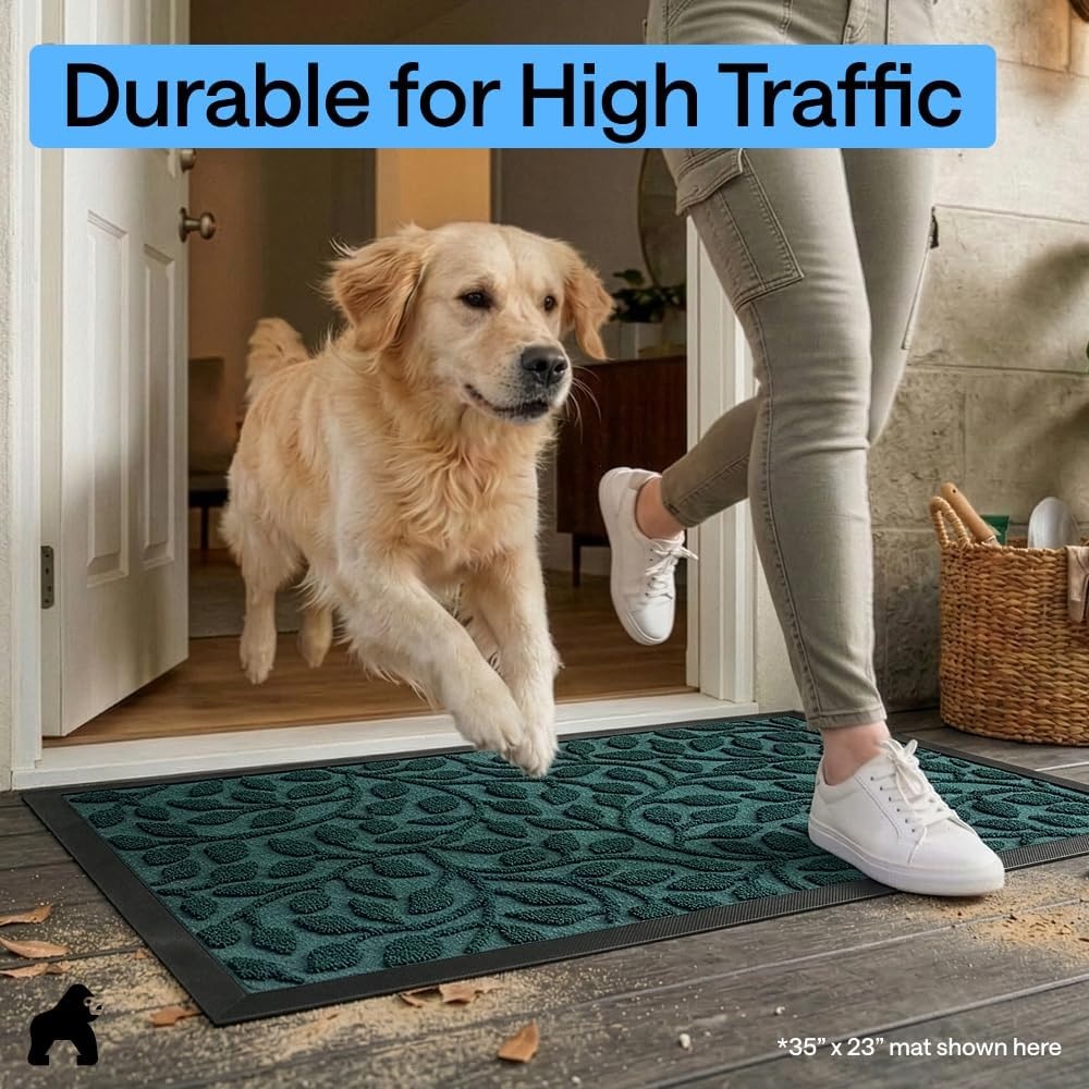 image:imageGORILLA GRIP 100 Waterproof AllSeason WeatherMAX Doormat US Designed Natural Rubber Stain Fade Resistant Low Profile Indoor Outdoor Door Mats Easy Clean 29x17 Gray DiamondMoss Vine Leaves