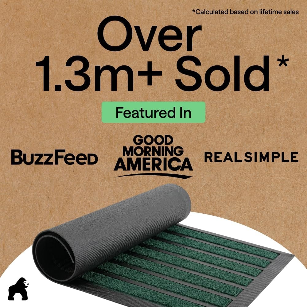 image:imageGORILLA GRIP 100 Waterproof AllSeason WeatherMAX Doormat US Designed Natural Rubber Stain Fade Resistant Low Profile Indoor Outdoor Door Mats Easy Clean 29x17 Gray DiamondGreen Stripe