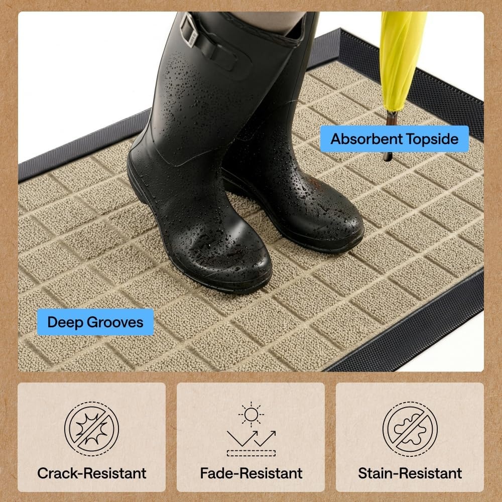 image:imageGORILLA GRIP 100 Waterproof AllSeason WeatherMAX Doormat US Designed Natural Rubber Stain Fade Resistant Low Profile Indoor Outdoor Door Mats Easy Clean 29x17 Gray DiamondTaupe Grid