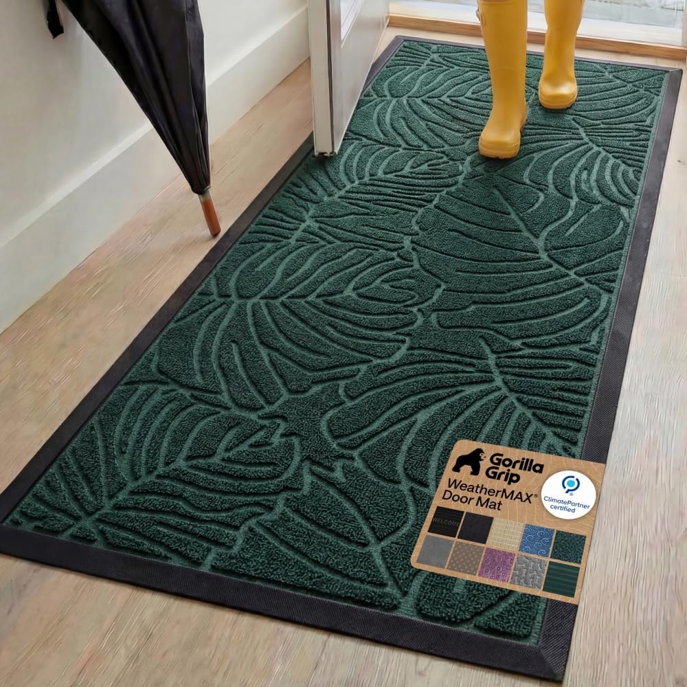 image:imageGORILLA GRIP 100 Waterproof AllSeason WeatherMAX Doormat US Designed Natural Rubber Stain Fade Resistant Low Profile Indoor Outdoor Door Mats Easy Clean 29x17 Gray DiamondGreen Palm