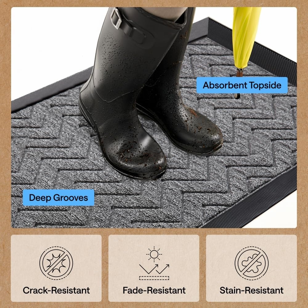image:imageGORILLA GRIP 100 Waterproof AllSeason WeatherMAX Doormat US Designed Natural Rubber Stain Fade Resistant Low Profile Indoor Outdoor Door Mats Easy Clean 29x17 Gray DiamondSteel Chevron