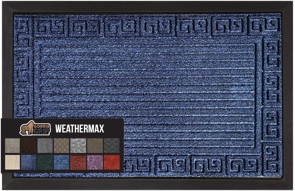 image:imageGORILLA GRIP 100 Waterproof AllSeason WeatherMAX Doormat US Designed Natural Rubber Stain Fade Resistant Low Profile Indoor Outdoor Door Mats Easy Clean 29x17 Gray DiamondNavy Greek Keys