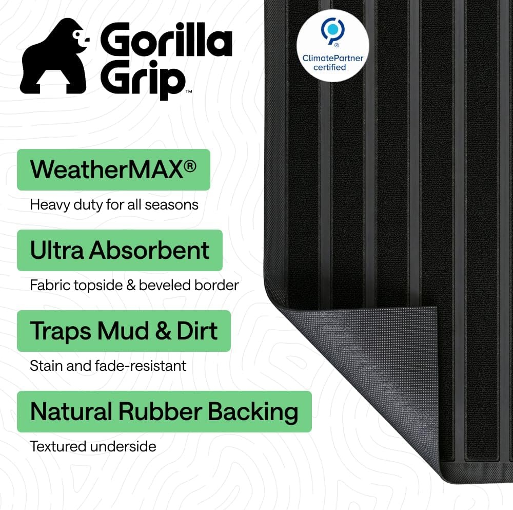 image:imageGORILLA GRIP 100 Waterproof AllSeason WeatherMAX Doormat US Designed Natural Rubber Stain Fade Resistant Low Profile Indoor Outdoor Door Mats Easy Clean 29x17 Gray DiamondBlack Stripe