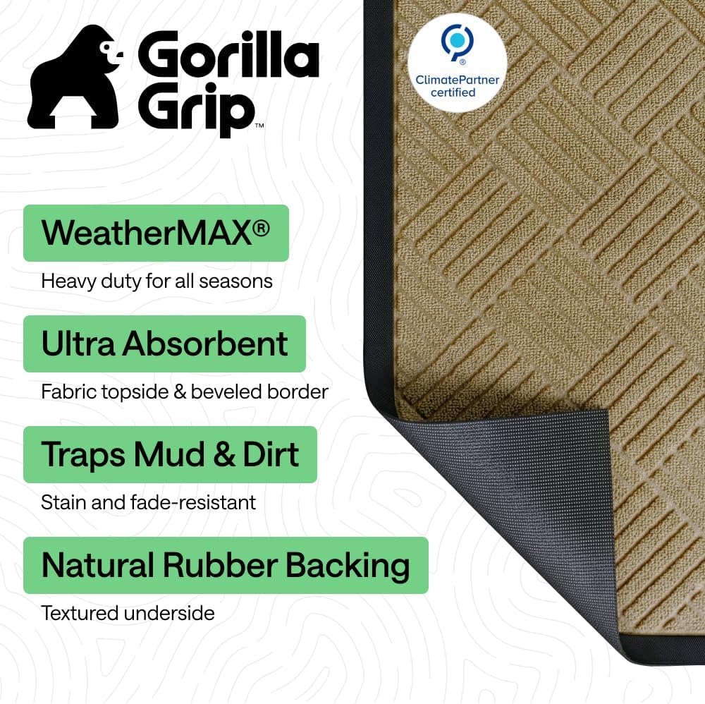 image:imageGORILLA GRIP 100 Waterproof AllSeason WeatherMAX Doormat US Designed Natural Rubber Stain Fade Resistant Low Profile Indoor Outdoor Door Mats Easy Clean 29x17 Gray DiamondBeige Diamond
