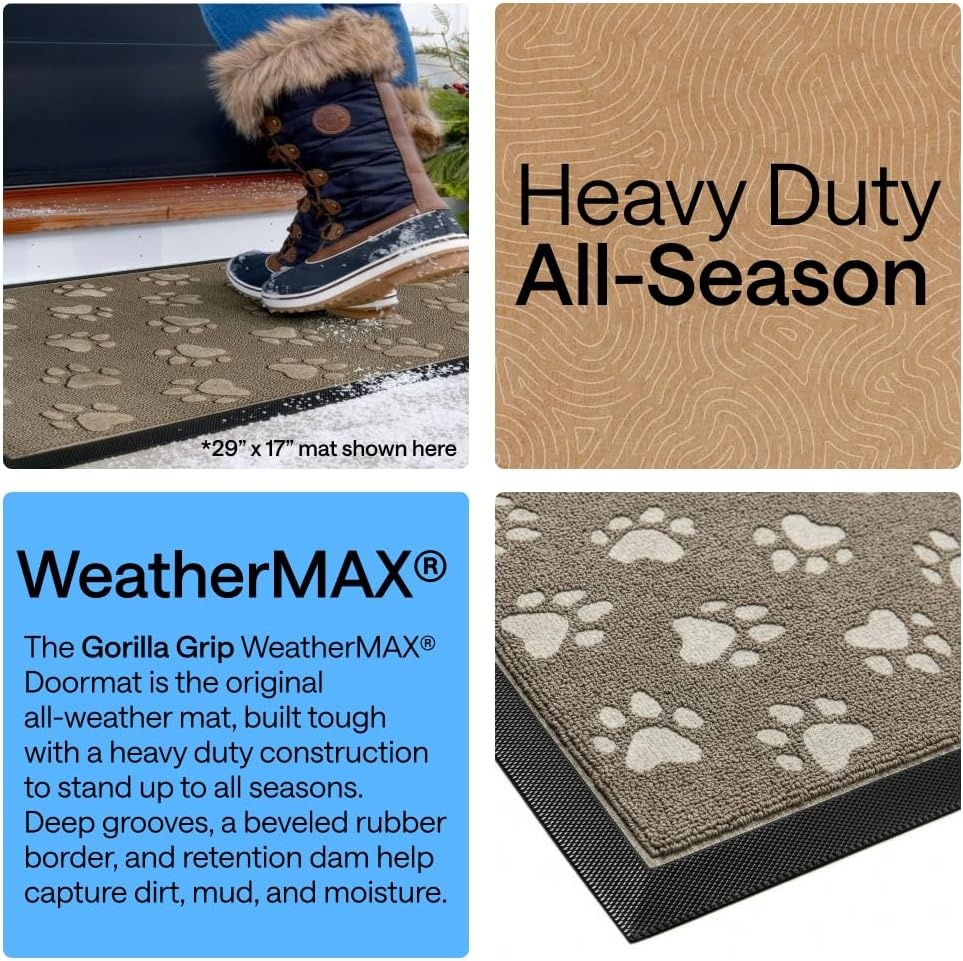 image:imageGORILLA GRIP 100 Waterproof AllSeason WeatherMAX Doormat US Designed Natural Rubber Stain Fade Resistant Low Profile Indoor Outdoor Door Mats Easy Clean 29x17 Gray DiamondTan Pawprints