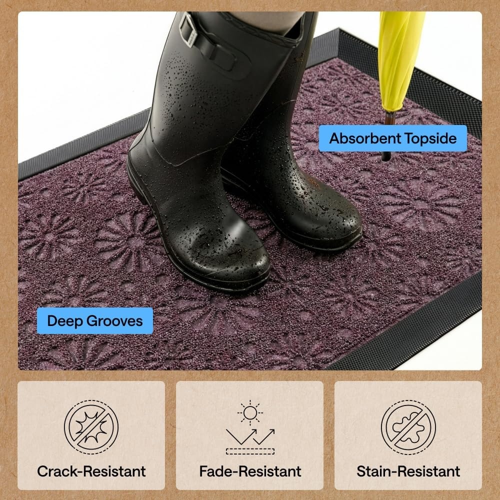 image:imageGORILLA GRIP 100 Waterproof AllSeason WeatherMAX Doormat US Designed Natural Rubber Stain Fade Resistant Low Profile Indoor Outdoor Door Mats Easy Clean 29x17 Gray DiamondPurple Confetti Daisy