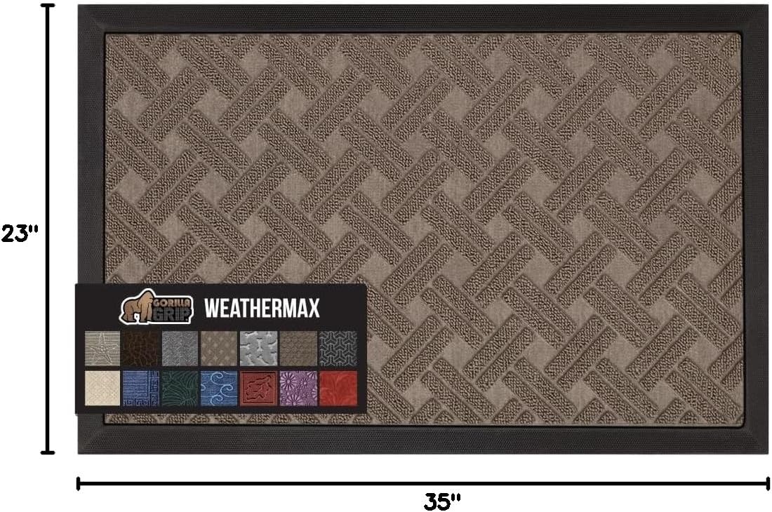 image:imageGORILLA GRIP 100 Waterproof AllSeason WeatherMAX Doormat US Designed Natural Rubber Stain Fade Resistant Low Profile Indoor Outdoor Door Mats Easy Clean 29x17 Gray DiamondTaupe Basket Weave