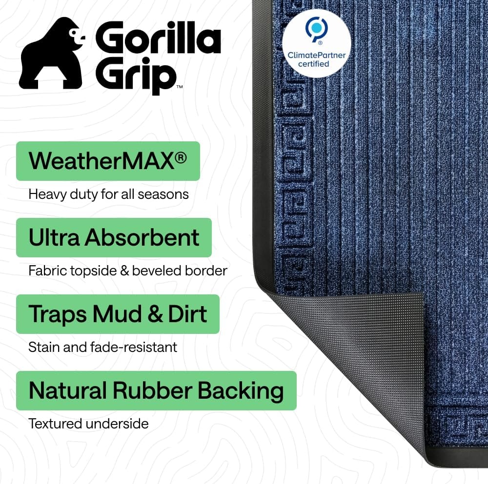 image:imageGORILLA GRIP 100 Waterproof AllSeason WeatherMAX Doormat US Designed Natural Rubber Stain Fade Resistant Low Profile Indoor Outdoor Door Mats Easy Clean 29x17 Gray DiamondNavy Greek Keys