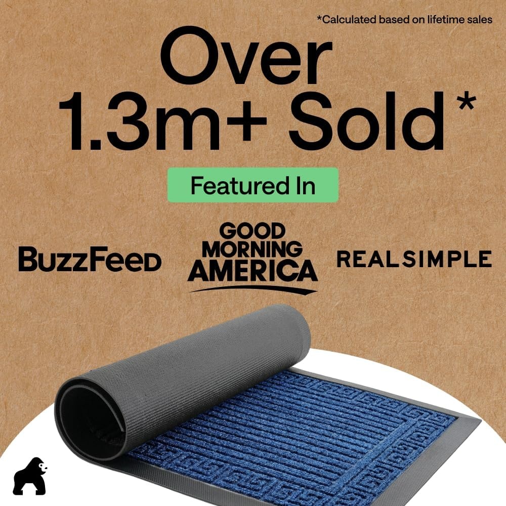 image:imageGORILLA GRIP 100 Waterproof AllSeason WeatherMAX Doormat US Designed Natural Rubber Stain Fade Resistant Low Profile Indoor Outdoor Door Mats Easy Clean 29x17 Gray DiamondNavy Greek Keys