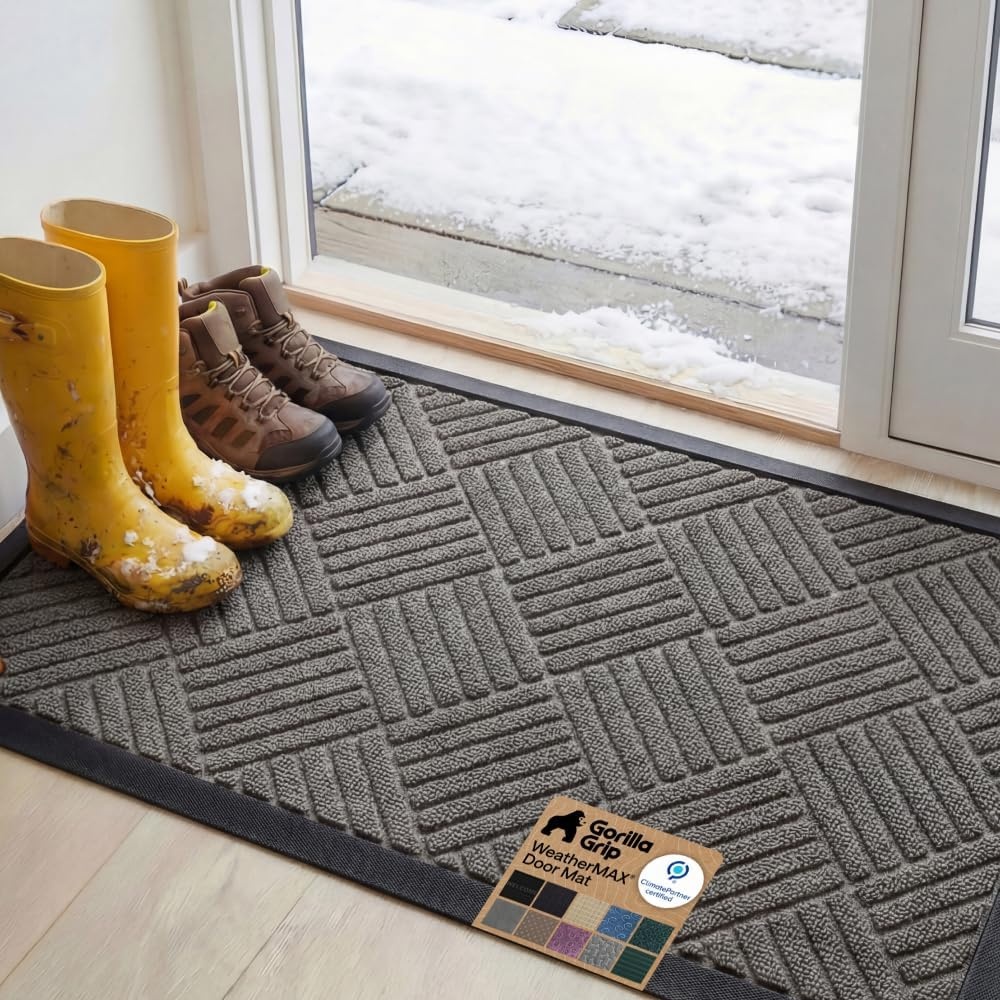 image:imageGORILLA GRIP 100 Waterproof AllSeason WeatherMAX Doormat US Designed Natural Rubber Stain Fade Resistant Low Profile Indoor Outdoor Door Mats Easy Clean 29x17 Gray DiamondGray Diamond