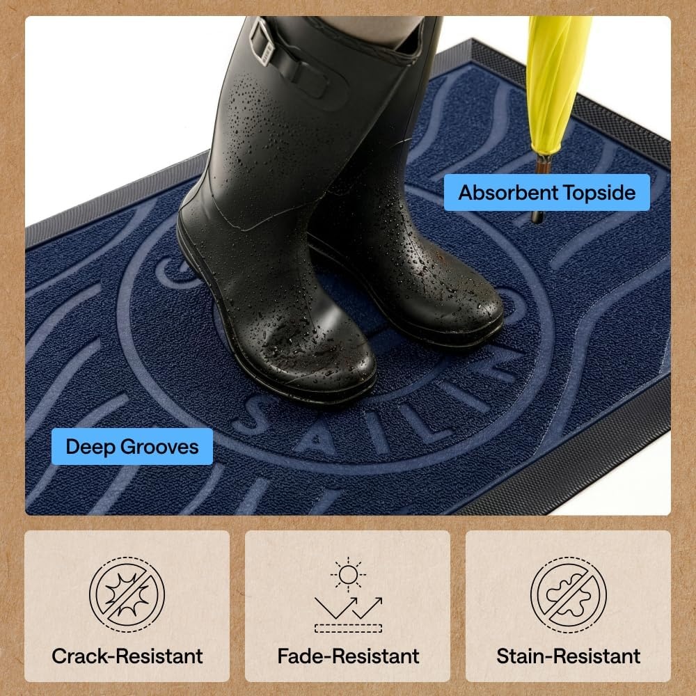 image:imageGORILLA GRIP 100 Waterproof AllSeason WeatherMAX Doormat US Designed Natural Rubber Stain Fade Resistant Low Profile Indoor Outdoor Door Mats Easy Clean 29x17 Gray DiamondBlue Gone Sailing