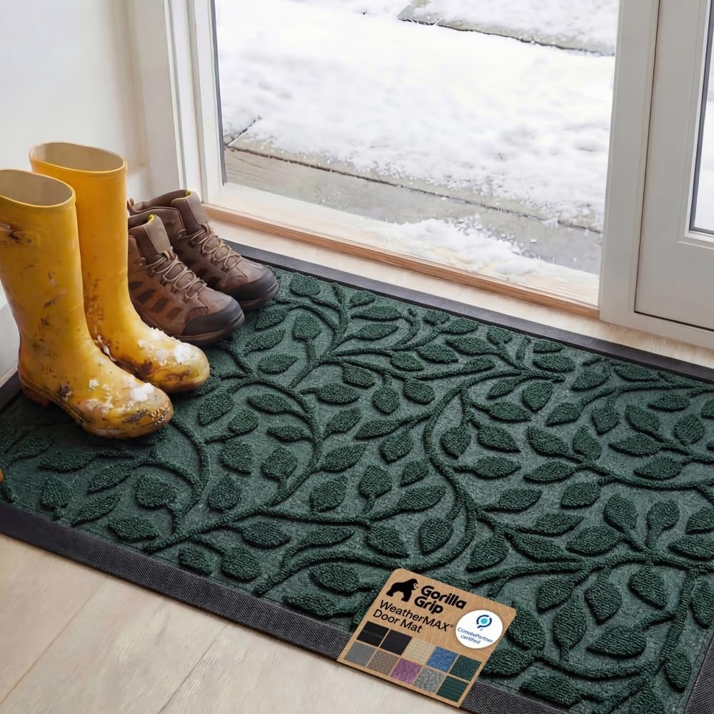 image:imageGORILLA GRIP 100 Waterproof AllSeason WeatherMAX Doormat US Designed Natural Rubber Stain Fade Resistant Low Profile Indoor Outdoor Door Mats Easy Clean 29x17 Gray DiamondMoss Vine Leaves