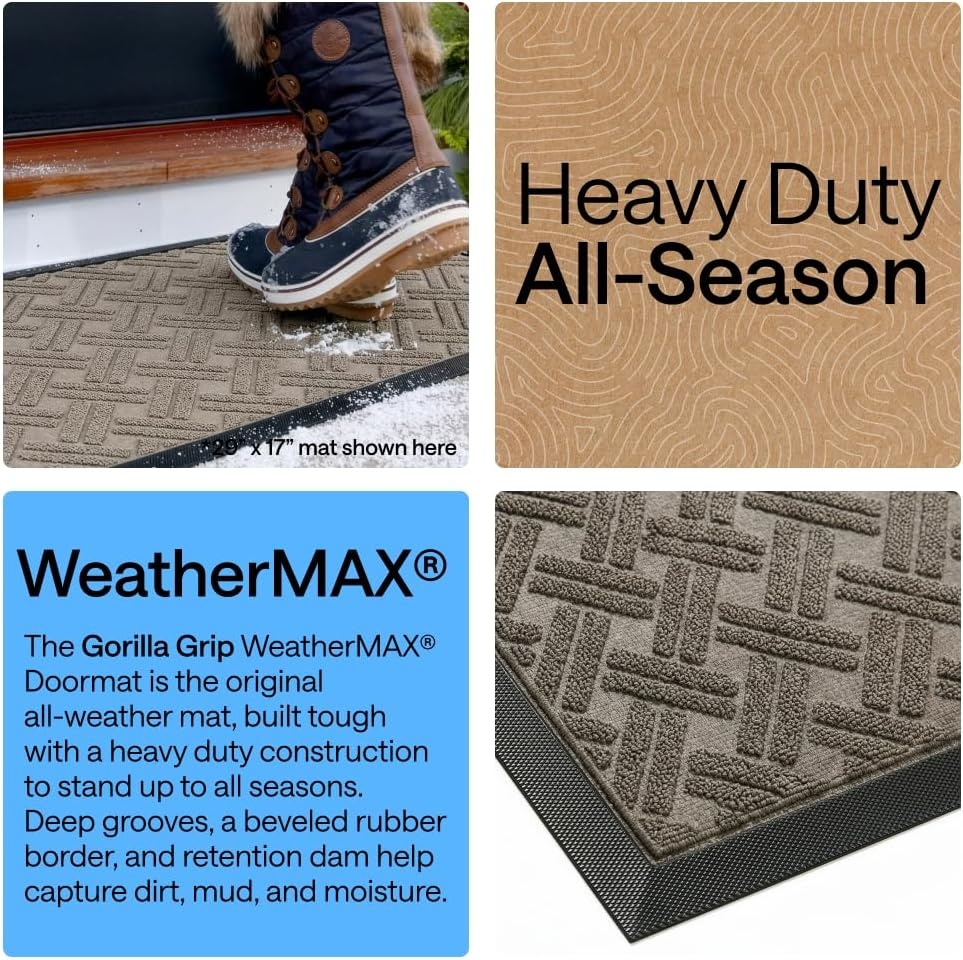 image:imageGORILLA GRIP 100 Waterproof AllSeason WeatherMAX Doormat US Designed Natural Rubber Stain Fade Resistant Low Profile Indoor Outdoor Door Mats Easy Clean 29x17 Gray DiamondTaupe Basket Weave