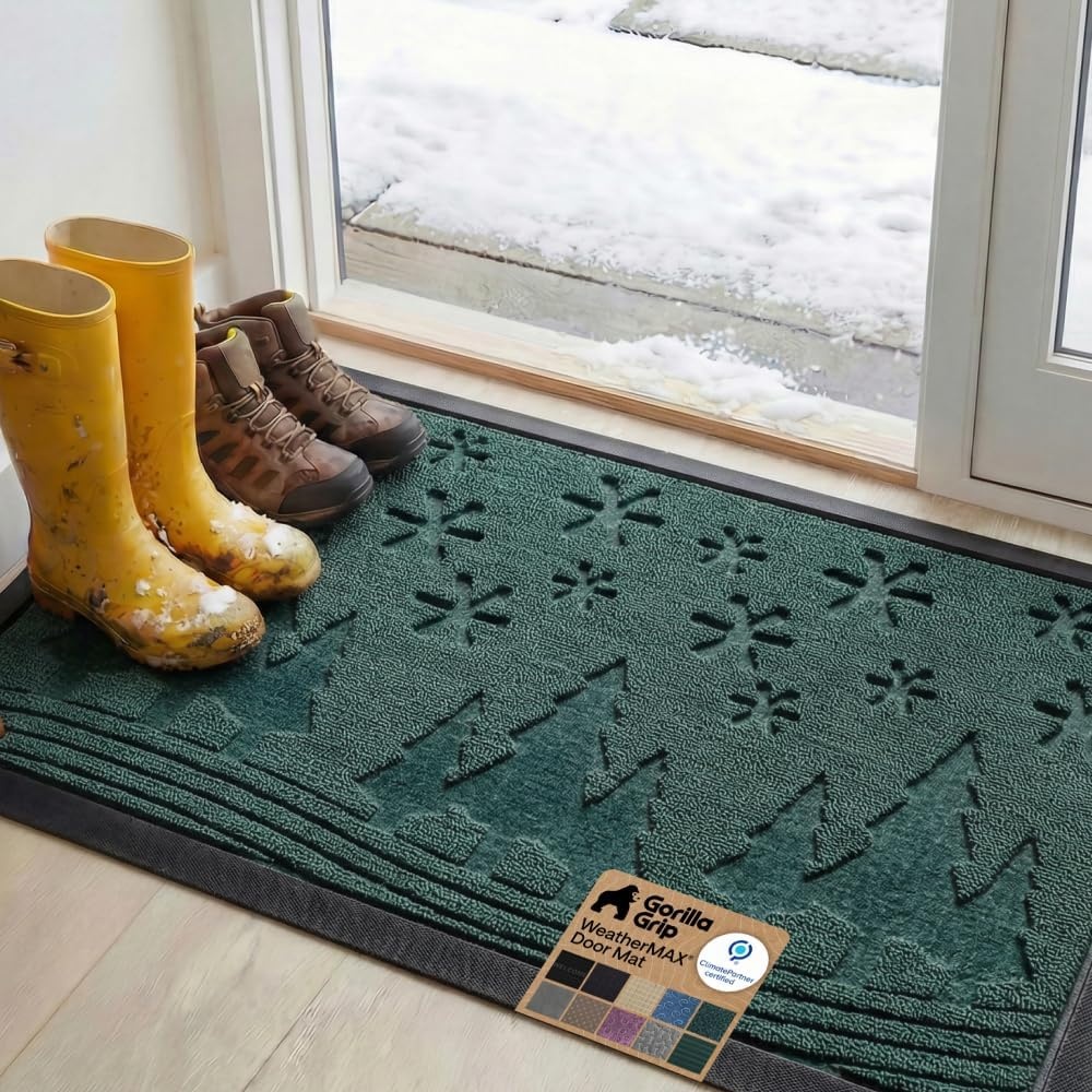 image:imageGORILLA GRIP 100 Waterproof AllSeason WeatherMAX Doormat US Designed Natural Rubber Stain Fade Resistant Low Profile Indoor Outdoor Door Mats Easy Clean 29x17 Gray DiamondEvergreen Snowscape