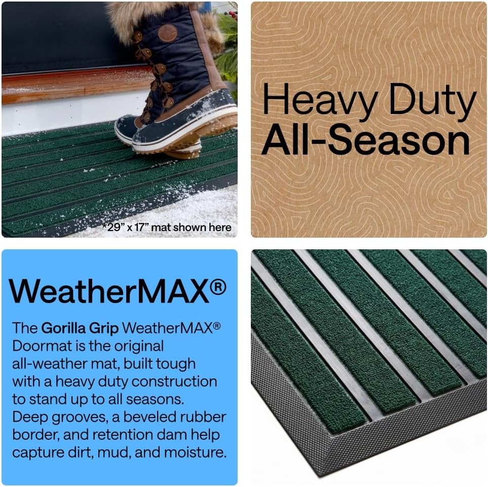 image:imageGORILLA GRIP 100 Waterproof AllSeason WeatherMAX Doormat US Designed Natural Rubber Stain Fade Resistant Low Profile Indoor Outdoor Door Mats Easy Clean 29x17 Gray DiamondGreen Stripe