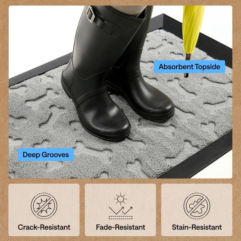 image:imageGORILLA GRIP 100 Waterproof AllSeason WeatherMAX Doormat US Designed Natural Rubber Stain Fade Resistant Low Profile Indoor Outdoor Door Mats Easy Clean 29x17 Gray DiamondLight Gray Bones