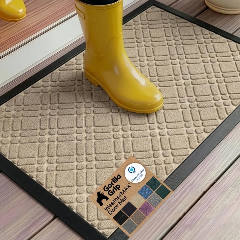 image:imageGORILLA GRIP 100 Waterproof AllSeason WeatherMAX Doormat US Designed Natural Rubber Stain Fade Resistant Low Profile Indoor Outdoor Door Mats Easy Clean 29x17 Gray DiamondModern Latte