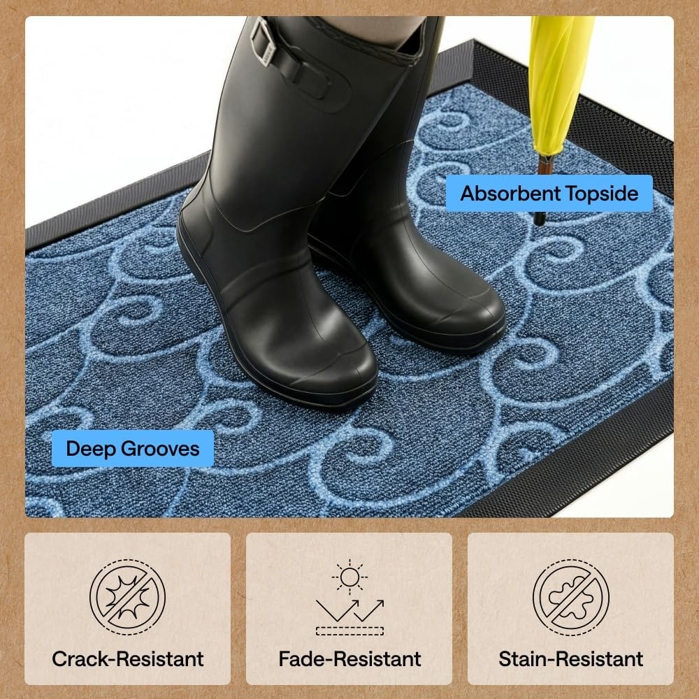 image:imageGORILLA GRIP 100 Waterproof AllSeason WeatherMAX Doormat US Designed Natural Rubber Stain Fade Resistant Low Profile Indoor Outdoor Door Mats Easy Clean 29x17 Gray DiamondOcean Blue Waves