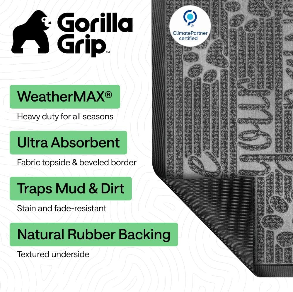 image:imageGORILLA GRIP 100 Waterproof AllSeason WeatherMAX Doormat US Designed Natural Rubber Stain Fade Resistant Low Profile Indoor Outdoor Door Mats Easy Clean 29x17 Gray DiamondStone Paws