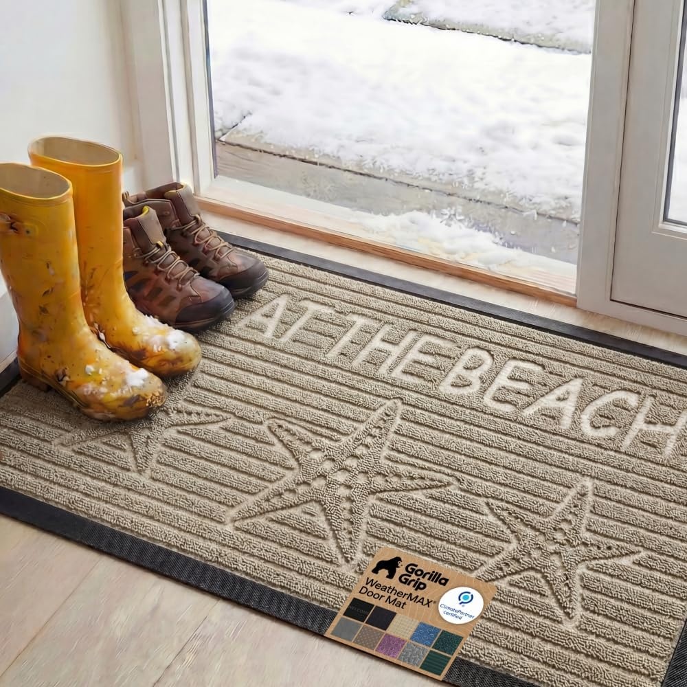 image:imageGORILLA GRIP 100 Waterproof AllSeason WeatherMAX Doormat US Designed Natural Rubber Stain Fade Resistant Low Profile Indoor Outdoor Door Mats Easy Clean 29x17 Gray DiamondSand Beach