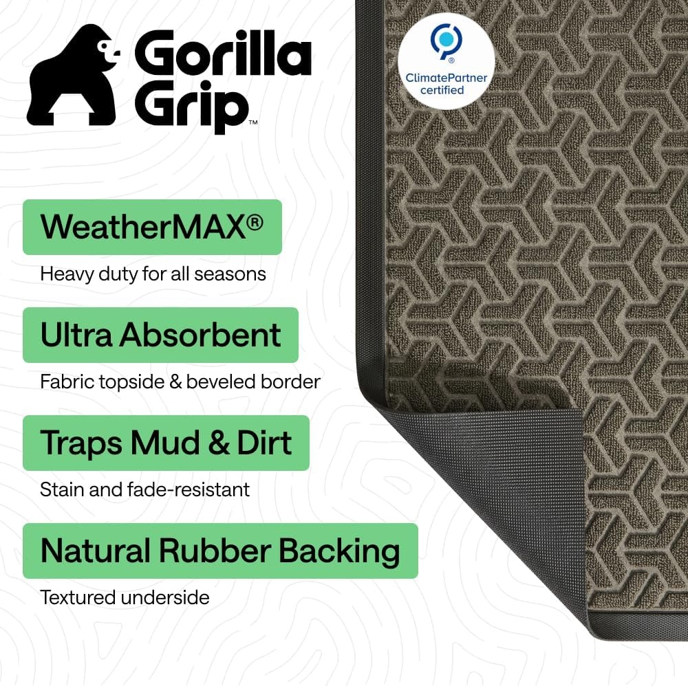 image:imageGORILLA GRIP 100 Waterproof AllSeason WeatherMAX Doormat US Designed Natural Rubber Stain Fade Resistant Low Profile Indoor Outdoor Door Mats Easy Clean 29x17 Gray DiamondSlate Geometric
