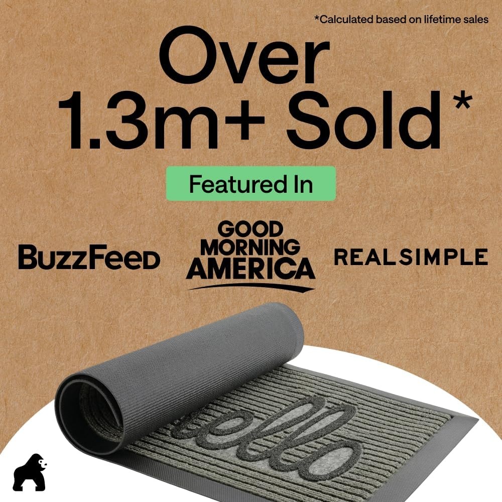 image:imageGORILLA GRIP 100 Waterproof AllSeason WeatherMAX Doormat US Designed Natural Rubber Stain Fade Resistant Low Profile Indoor Outdoor Door Mats Easy Clean 29x17 Gray DiamondCharcoal Hello
