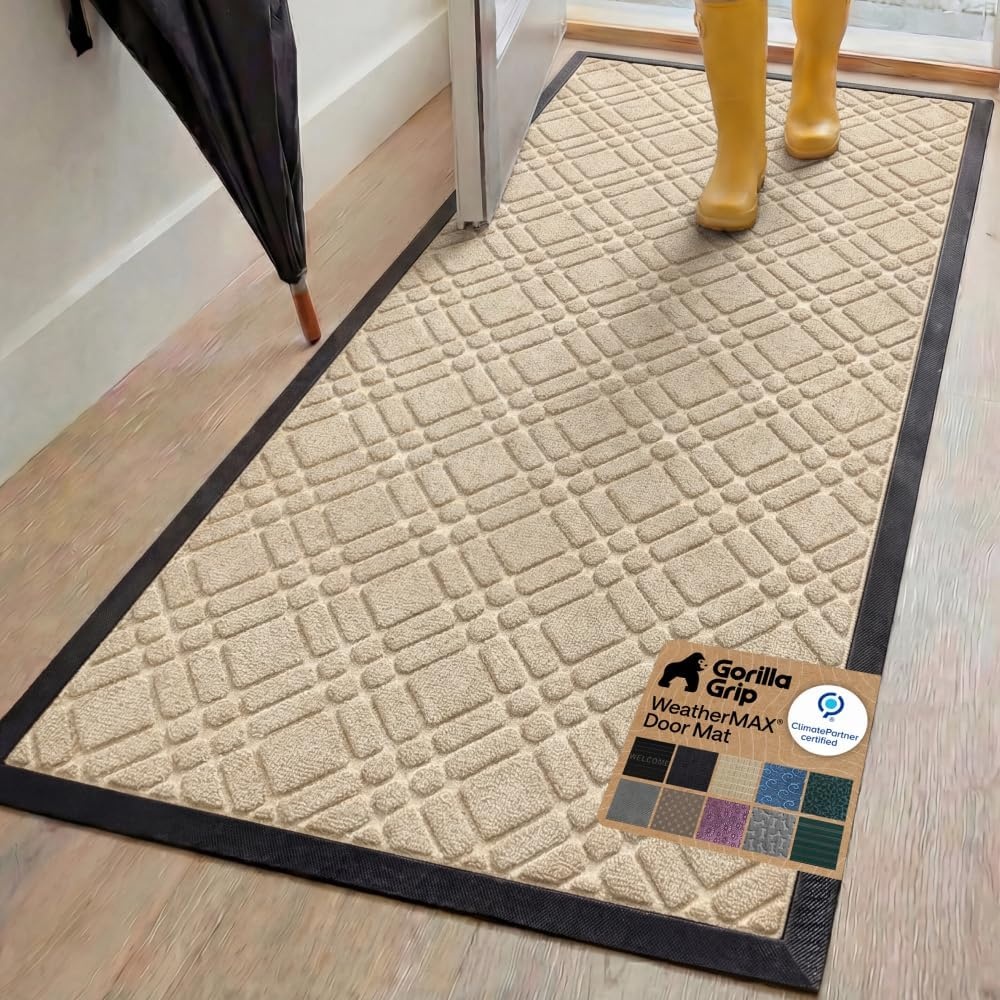 image:imageGORILLA GRIP 100 Waterproof AllSeason WeatherMAX Doormat US Designed Natural Rubber Stain Fade Resistant Low Profile Indoor Outdoor Door Mats Easy Clean 29x17 Gray DiamondModern Latte