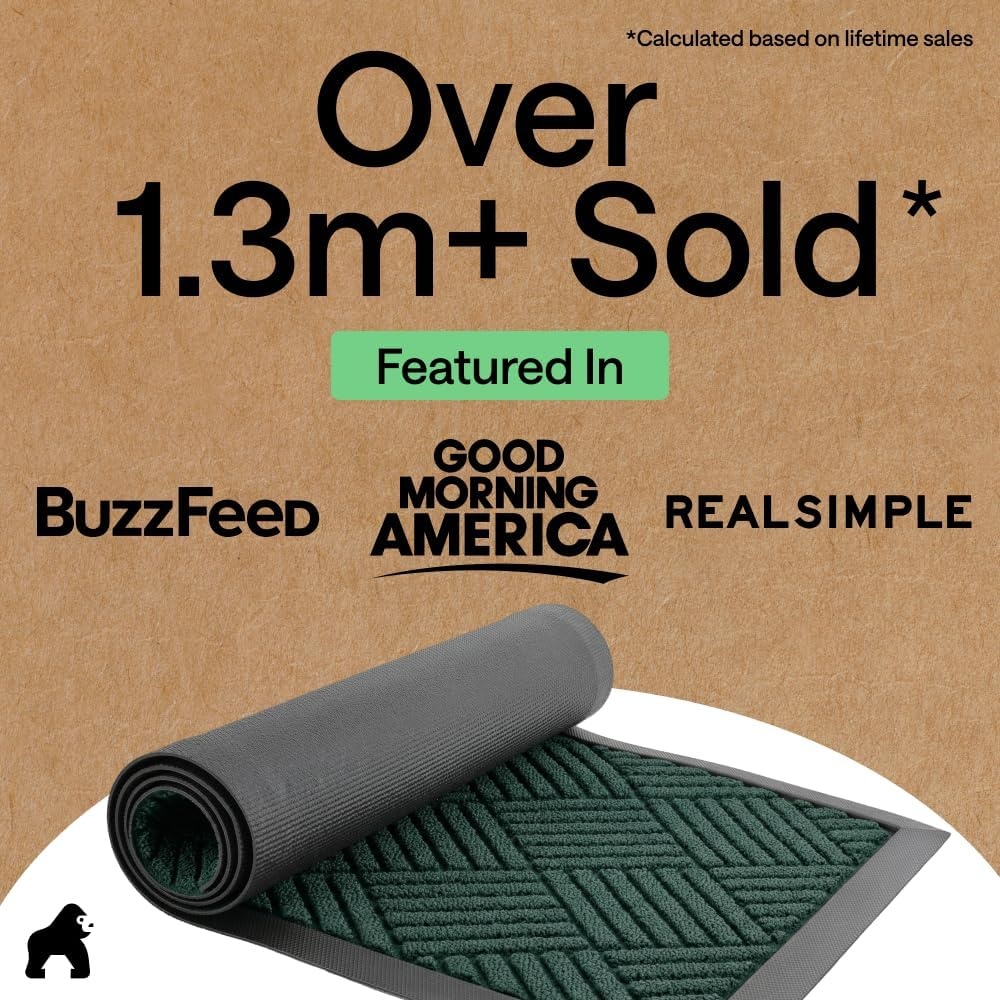image:imageGORILLA GRIP 100 Waterproof AllSeason WeatherMAX Doormat US Designed Natural Rubber Stain Fade Resistant Low Profile Indoor Outdoor Door Mats Easy Clean 29x17 Gray DiamondGreen Diamond