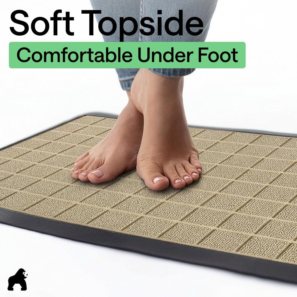 image:imageGORILLA GRIP 100 Waterproof AllSeason WeatherMAX Doormat US Designed Natural Rubber Stain Fade Resistant Low Profile Indoor Outdoor Door Mats Easy Clean 29x17 Gray DiamondTaupe Grid