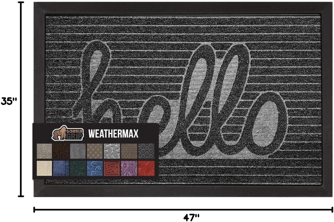 image:imageGORILLA GRIP 100 Waterproof AllSeason WeatherMAX Doormat US Designed Natural Rubber Stain Fade Resistant Low Profile Indoor Outdoor Door Mats Easy Clean 29x17 Gray DiamondCharcoal Hello