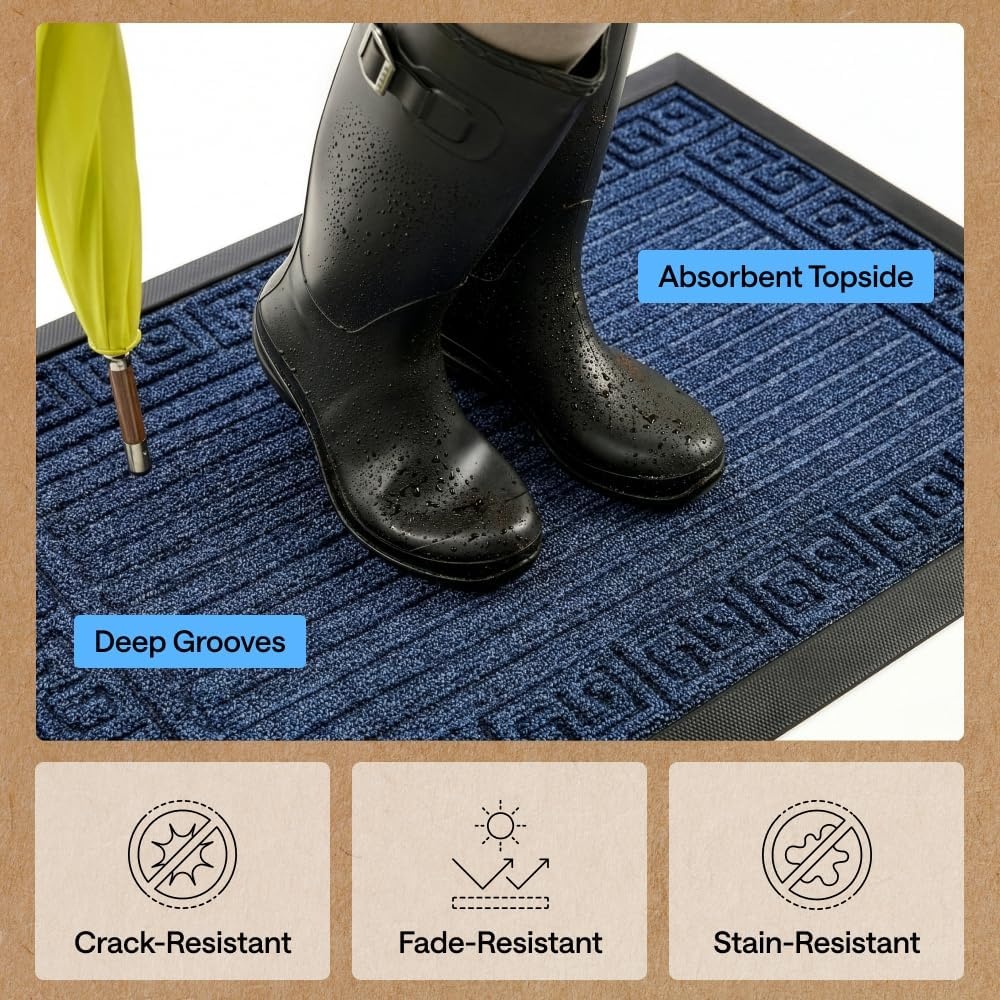 image:imageGORILLA GRIP 100 Waterproof AllSeason WeatherMAX Doormat US Designed Natural Rubber Stain Fade Resistant Low Profile Indoor Outdoor Door Mats Easy Clean 29x17 Gray DiamondNavy Greek Keys