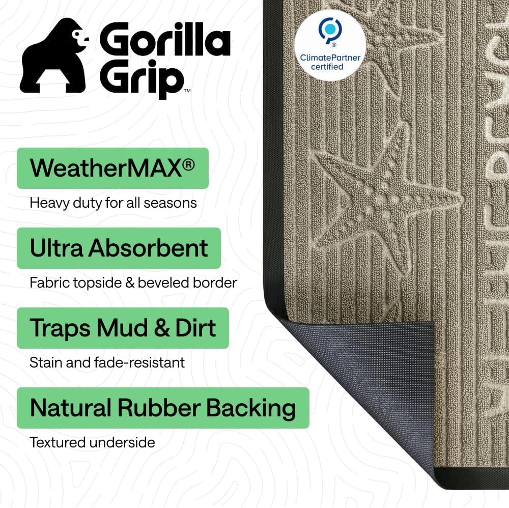 image:imageGORILLA GRIP 100 Waterproof AllSeason WeatherMAX Doormat US Designed Natural Rubber Stain Fade Resistant Low Profile Indoor Outdoor Door Mats Easy Clean 29x17 Gray DiamondSand Beach