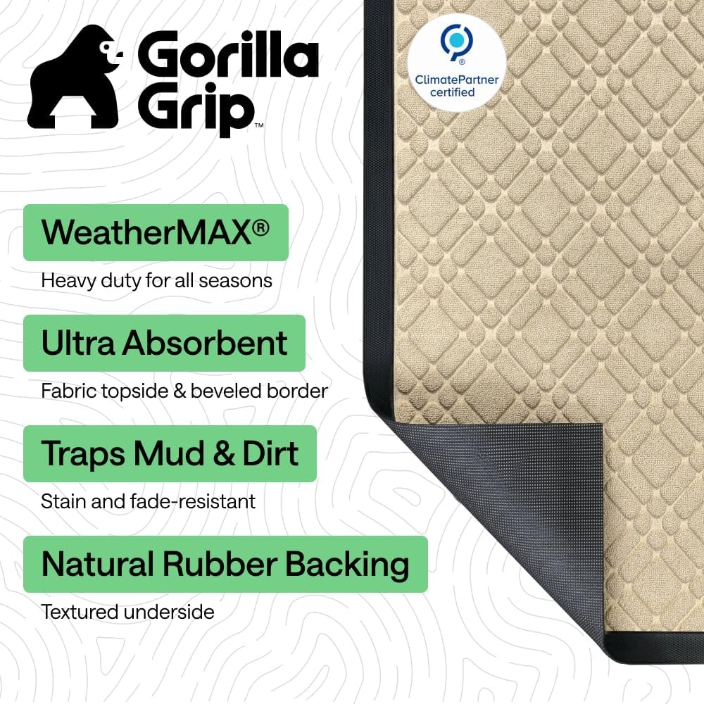 image:imageGORILLA GRIP 100 Waterproof AllSeason WeatherMAX Doormat US Designed Natural Rubber Stain Fade Resistant Low Profile Indoor Outdoor Door Mats Easy Clean 29x17 Gray DiamondModern Latte