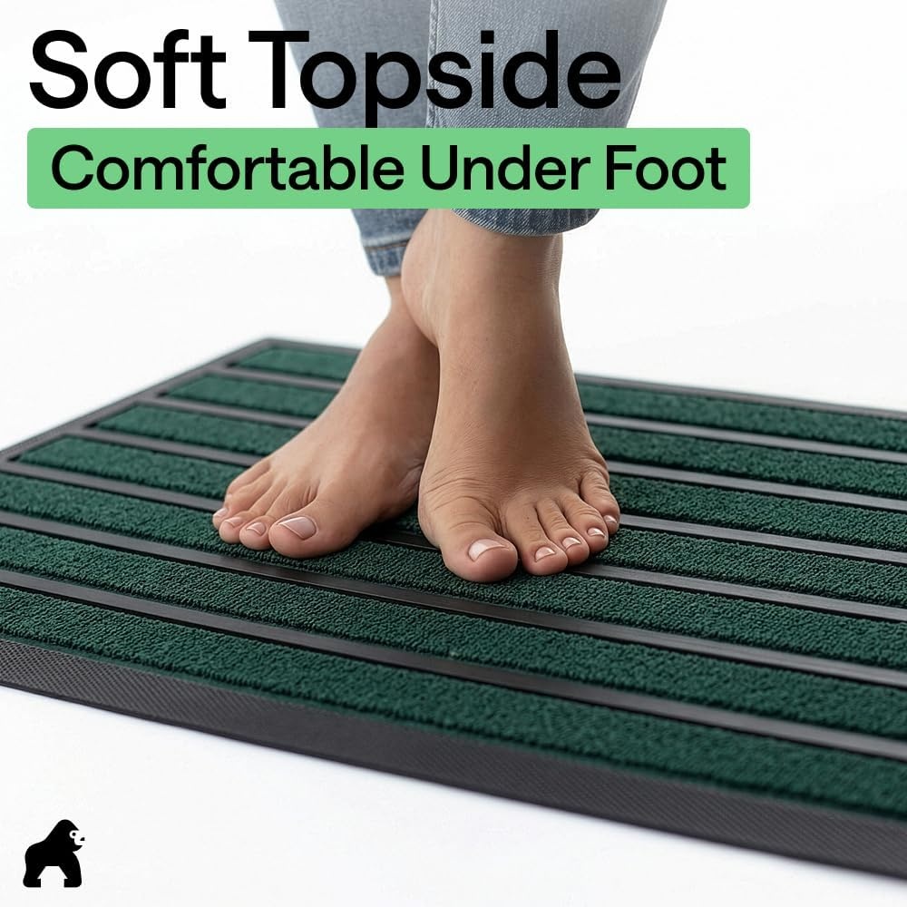 image:imageGORILLA GRIP 100 Waterproof AllSeason WeatherMAX Doormat US Designed Natural Rubber Stain Fade Resistant Low Profile Indoor Outdoor Door Mats Easy Clean 29x17 Gray DiamondGreen Stripe