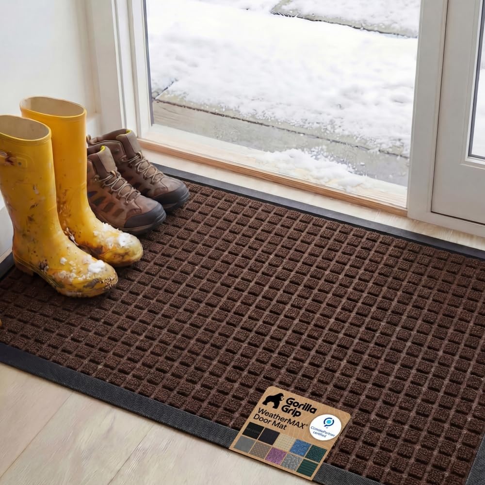 image:imageGORILLA GRIP 100 Waterproof AllSeason WeatherMAX Doormat US Designed Natural Rubber Stain Fade Resistant Low Profile Indoor Outdoor Door Mats Easy Clean 29x17 Gray DiamondCoffee Squares