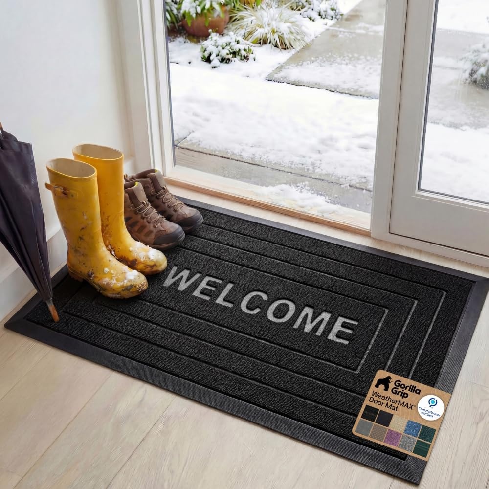 image:imageGORILLA GRIP 100 Waterproof AllSeason WeatherMAX Doormat US Designed Natural Rubber Stain Fade Resistant Low Profile Indoor Outdoor Door Mats Easy Clean 29x17 Gray DiamondBlack Welcome
