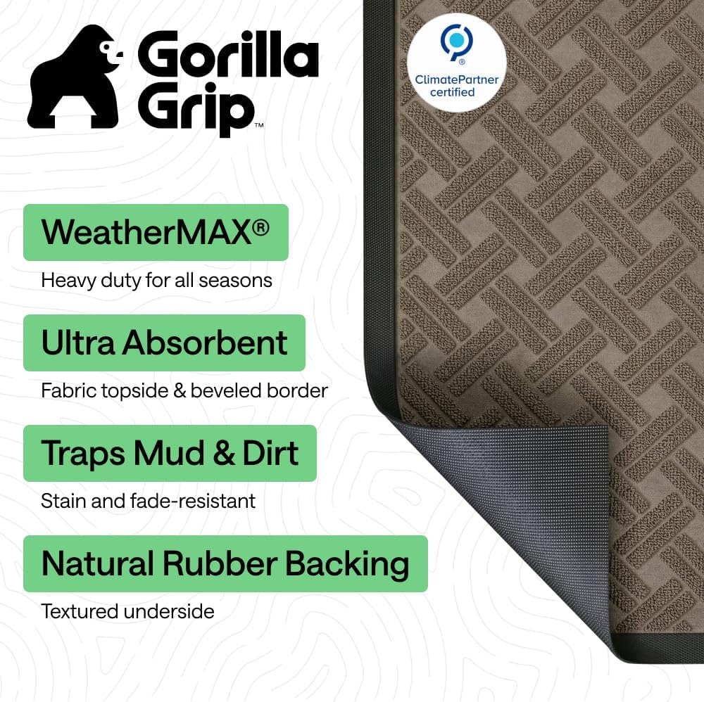 image:imageGORILLA GRIP 100 Waterproof AllSeason WeatherMAX Doormat US Designed Natural Rubber Stain Fade Resistant Low Profile Indoor Outdoor Door Mats Easy Clean 29x17 Gray DiamondTaupe Basket Weave