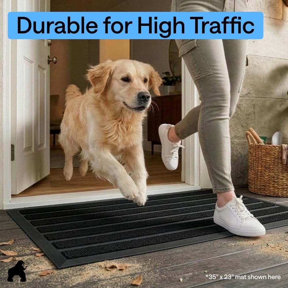 image:imageGORILLA GRIP 100 Waterproof AllSeason WeatherMAX Doormat US Designed Natural Rubber Stain Fade Resistant Low Profile Indoor Outdoor Door Mats Easy Clean 29x17 Gray DiamondBlack Stripe