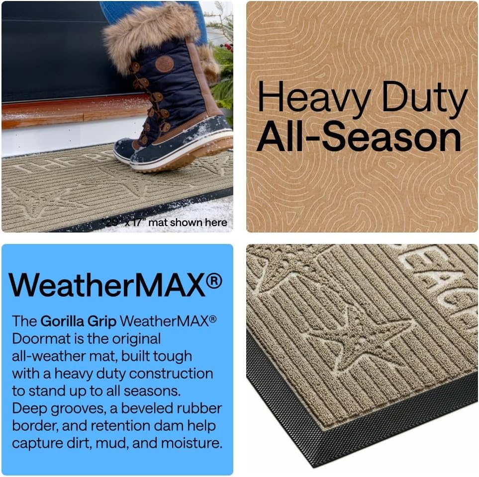 image:imageGORILLA GRIP 100 Waterproof AllSeason WeatherMAX Doormat US Designed Natural Rubber Stain Fade Resistant Low Profile Indoor Outdoor Door Mats Easy Clean 29x17 Gray DiamondSand Beach