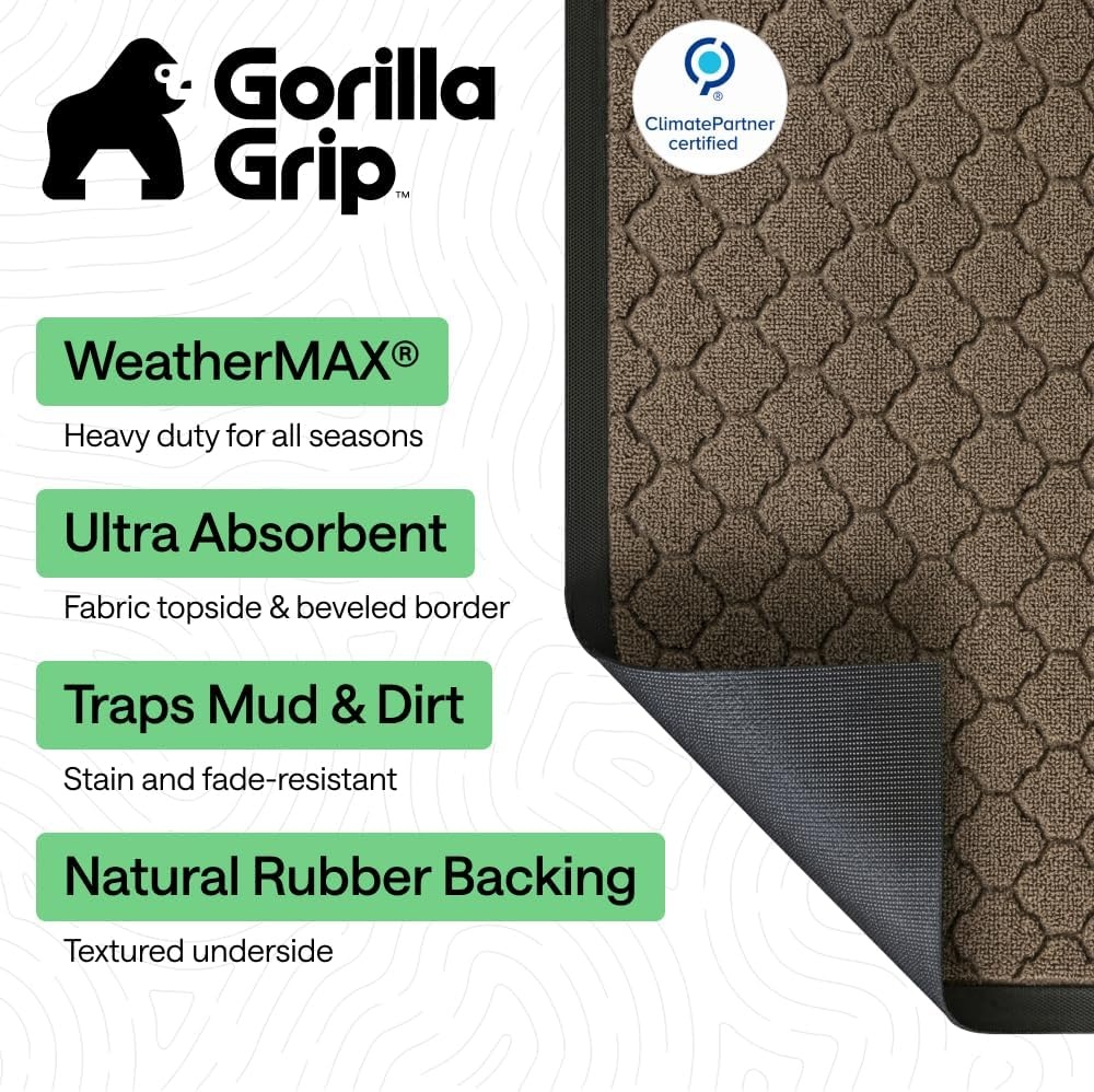 image:imageGORILLA GRIP 100 Waterproof AllSeason WeatherMAX Doormat US Designed Natural Rubber Stain Fade Resistant Low Profile Indoor Outdoor Door Mats Easy Clean 29x17 Gray DiamondLatte Quatrefoil