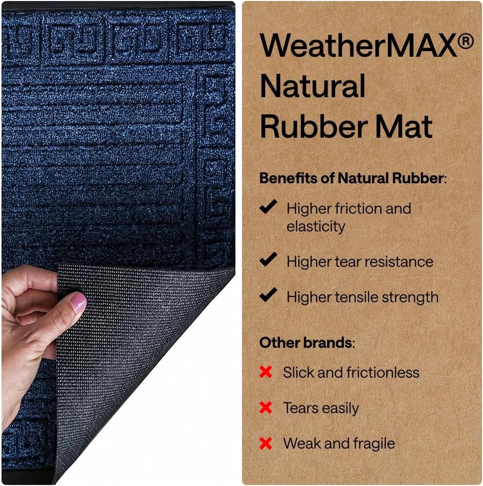 image:imageGORILLA GRIP 100 Waterproof AllSeason WeatherMAX Doormat US Designed Natural Rubber Stain Fade Resistant Low Profile Indoor Outdoor Door Mats Easy Clean 29x17 Gray DiamondNavy Greek Keys