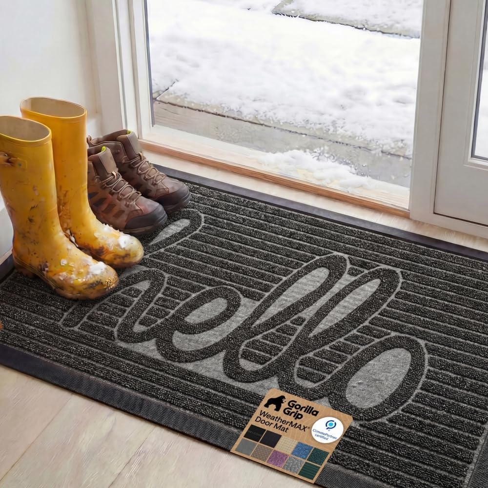 image:imageGORILLA GRIP 100 Waterproof AllSeason WeatherMAX Doormat US Designed Natural Rubber Stain Fade Resistant Low Profile Indoor Outdoor Door Mats Easy Clean 29x17 Gray DiamondCharcoal Hello