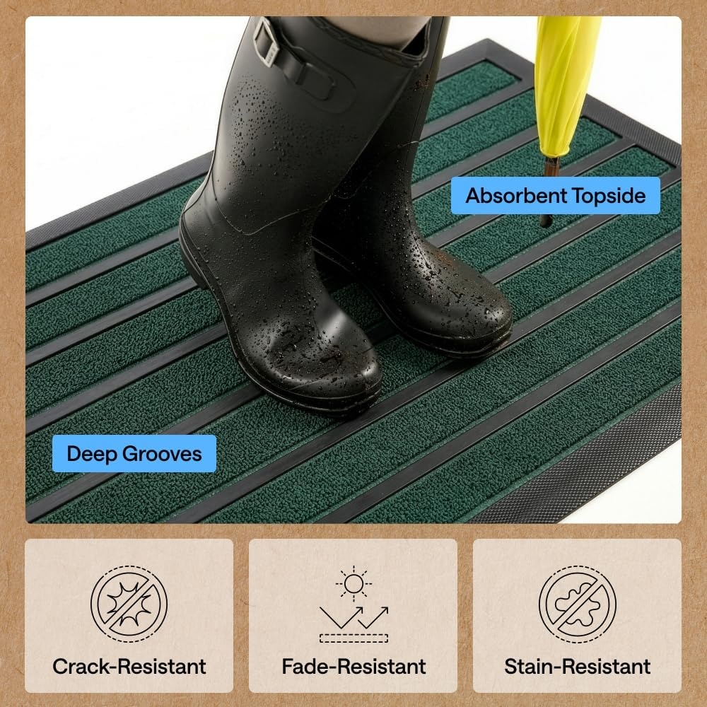 image:imageGORILLA GRIP 100 Waterproof AllSeason WeatherMAX Doormat US Designed Natural Rubber Stain Fade Resistant Low Profile Indoor Outdoor Door Mats Easy Clean 29x17 Gray DiamondGreen Stripe