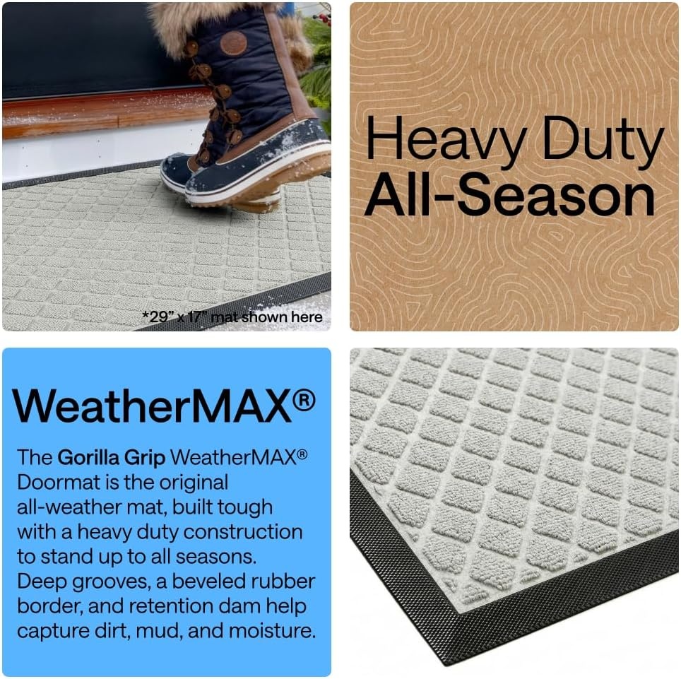 image:imageGORILLA GRIP 100 Waterproof AllSeason WeatherMAX Doormat US Designed Natural Rubber Stain Fade Resistant Low Profile Indoor Outdoor Door Mats Easy Clean 29x17 Gray DiamondLight Gray Lattice