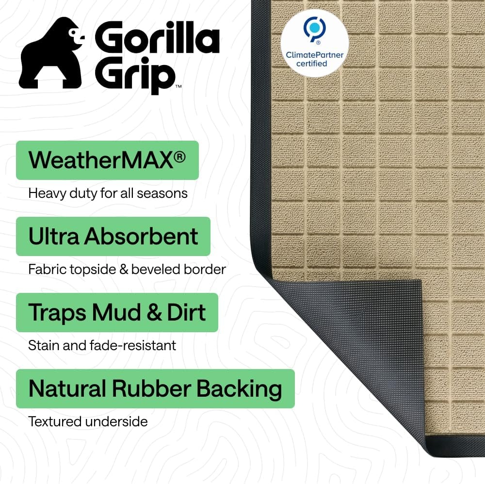image:imageGORILLA GRIP 100 Waterproof AllSeason WeatherMAX Doormat US Designed Natural Rubber Stain Fade Resistant Low Profile Indoor Outdoor Door Mats Easy Clean 29x17 Gray DiamondTaupe Grid
