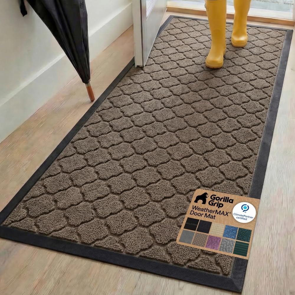 image:imageGORILLA GRIP 100 Waterproof AllSeason WeatherMAX Doormat US Designed Natural Rubber Stain Fade Resistant Low Profile Indoor Outdoor Door Mats Easy Clean 29x17 Gray DiamondLatte Quatrefoil