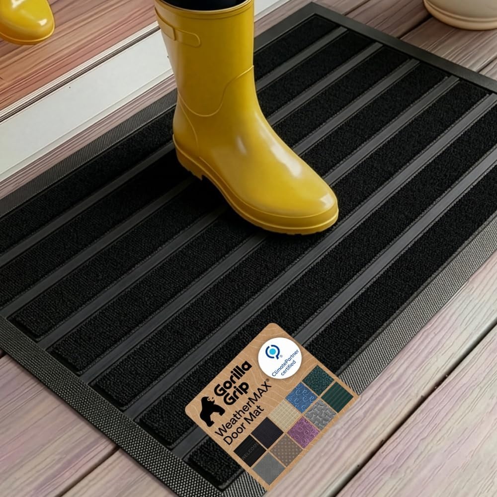 image:imageGORILLA GRIP 100 Waterproof AllSeason WeatherMAX Doormat US Designed Natural Rubber Stain Fade Resistant Low Profile Indoor Outdoor Door Mats Easy Clean 29x17 Gray DiamondBlack Stripe