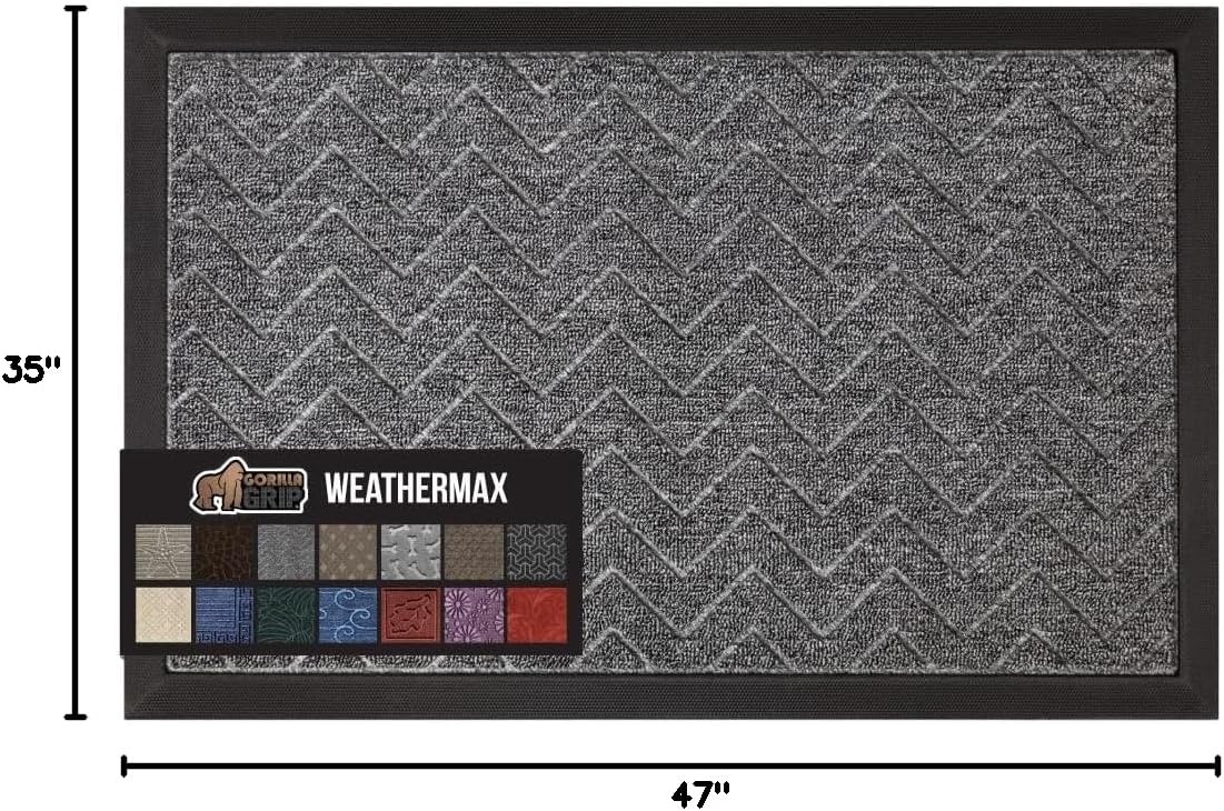 image:imageGORILLA GRIP 100 Waterproof AllSeason WeatherMAX Doormat US Designed Natural Rubber Stain Fade Resistant Low Profile Indoor Outdoor Door Mats Easy Clean 29x17 Gray DiamondSteel Chevron